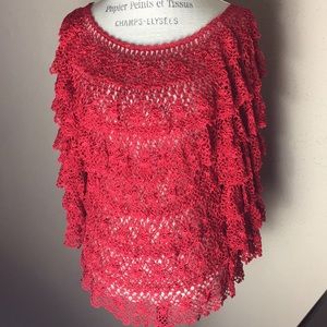 Area. A Hand Crocheted Ruffled Floral Sweater L/XL